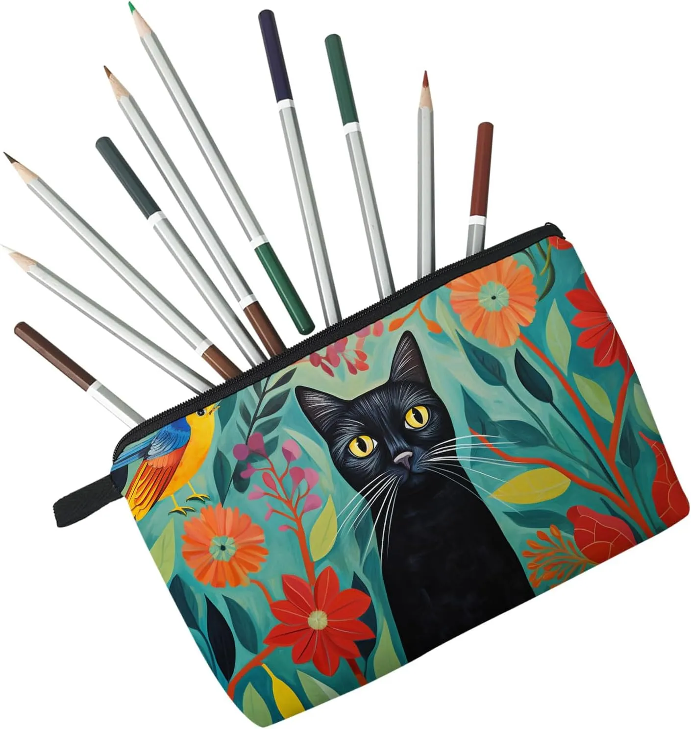 Kitten Gift Black Cat Makeup Bag Cute Small Makeup Organizer Bag Travel Toiletry Zipper Pouch Black Cat Floral Cosmetic Bag Birthday Christmas Gift for Cat Lovers Women