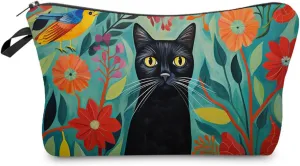 Kitten Gift Black Cat Makeup Bag Cute Small Makeup Organizer Bag Travel Toiletry Zipper Pouch Black Cat Floral Cosmetic Bag Birthday Christmas Gift for Cat Lovers Women