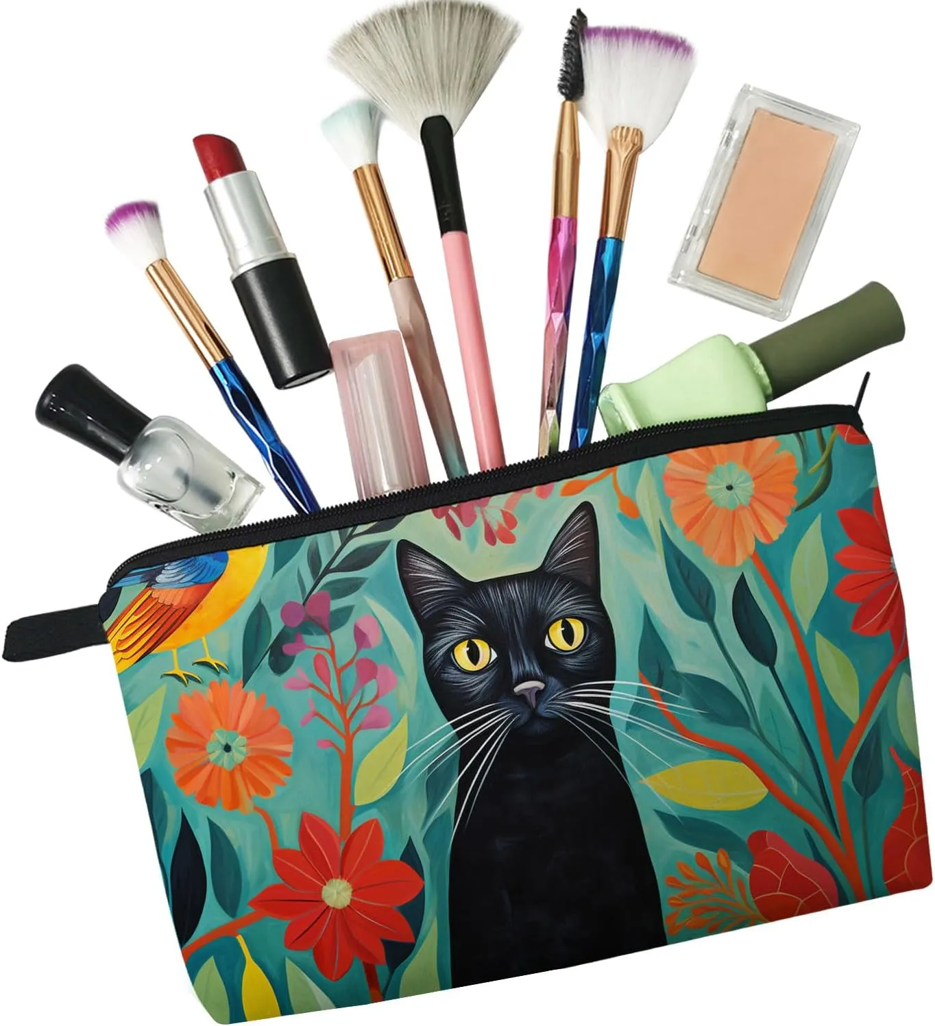 Kitten Gift Black Cat Makeup Bag Cute Small Makeup Organizer Bag Travel Toiletry Zipper Pouch Black Cat Floral Cosmetic Bag Birthday Christmas Gift for Cat Lovers Women