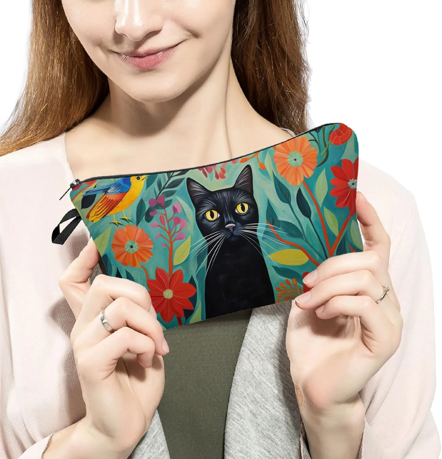 Kitten Gift Black Cat Makeup Bag Cute Small Makeup Organizer Bag Travel Toiletry Zipper Pouch Black Cat Floral Cosmetic Bag Birthday Christmas Gift for Cat Lovers Women