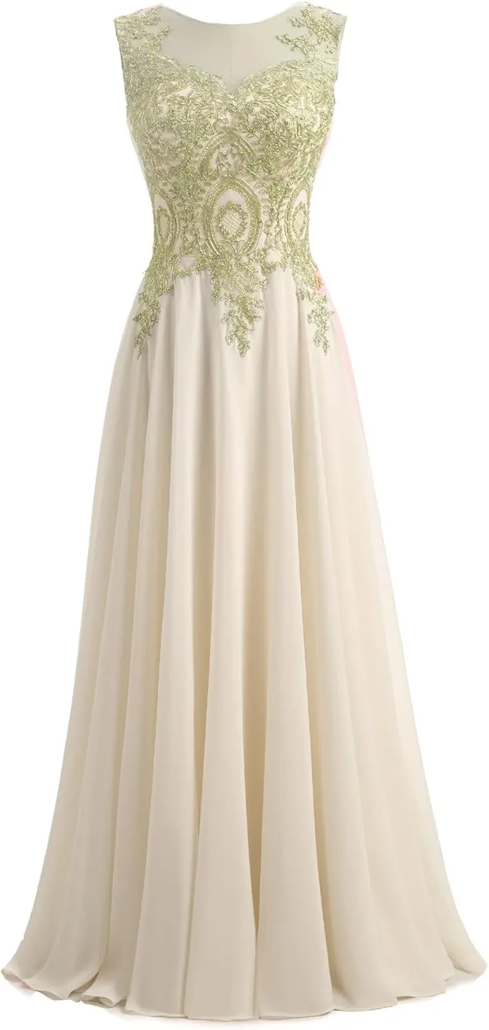 Kivary Gold Lace A Line Long Chiffon Women Formal Corset Prom Evening Dresses