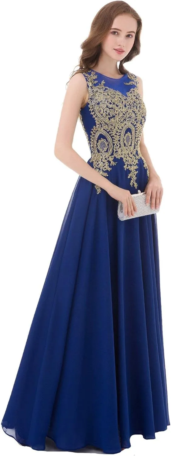 Kivary Gold Lace A Line Long Chiffon Women Formal Corset Prom Evening Dresses