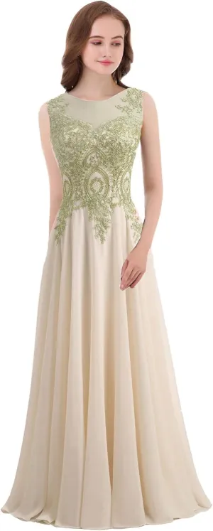 Kivary Gold Lace A Line Long Chiffon Women Formal Corset Prom Evening Dresses