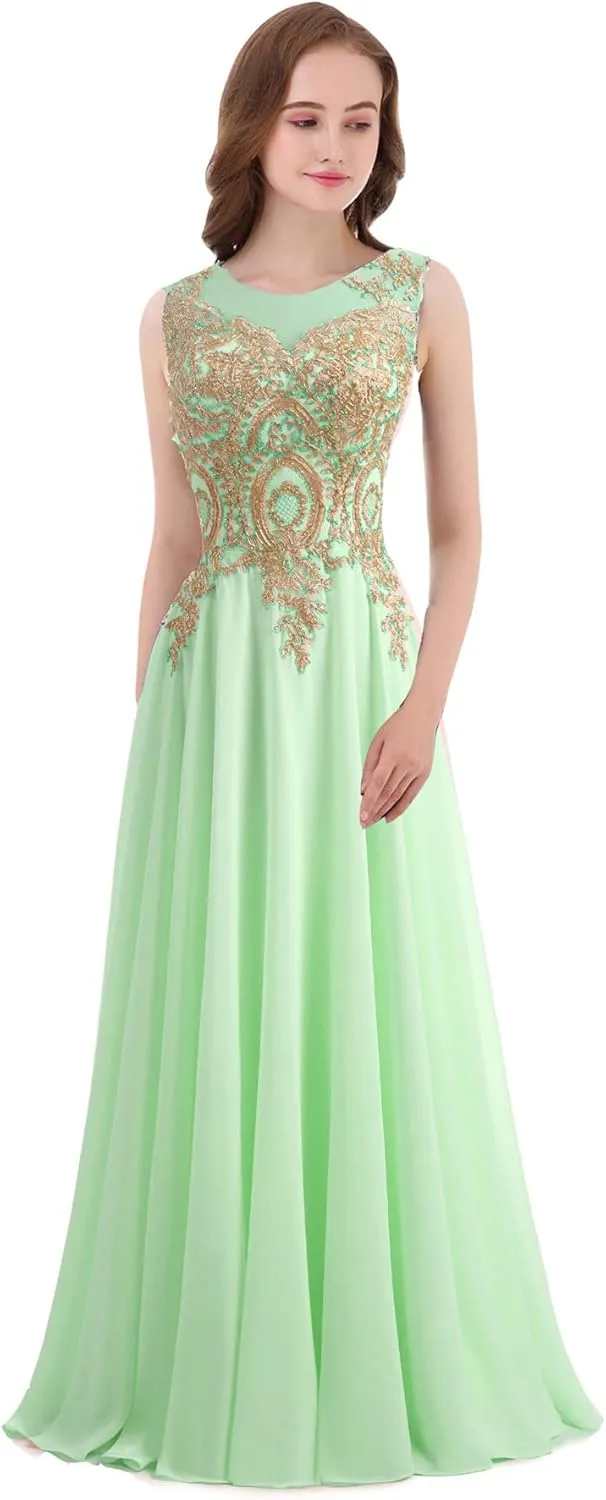Kivary Gold Lace A Line Long Chiffon Women Formal Corset Prom Evening Dresses