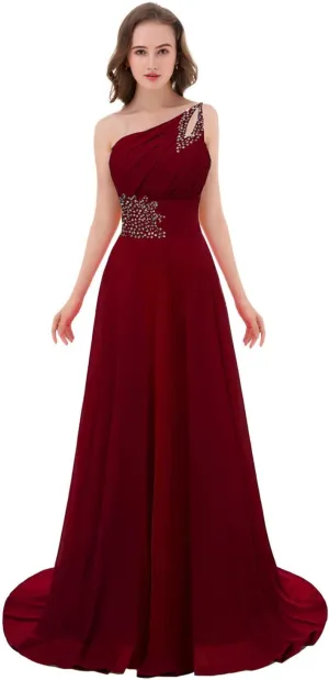 Kivary Long A Line Beaded One Shoulder Formal Corset Prom Evening Dresses