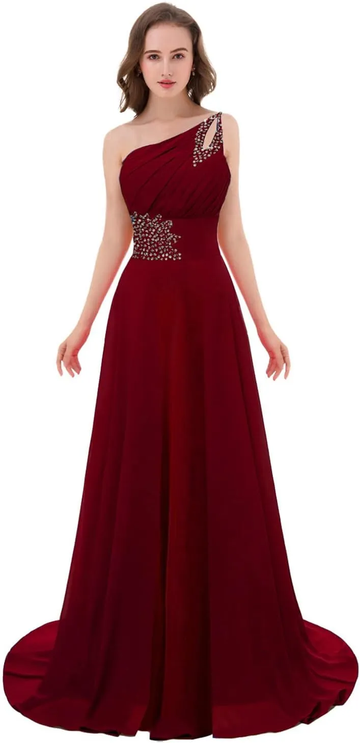 Kivary Long A Line Beaded One Shoulder Formal Corset Prom Evening Dresses