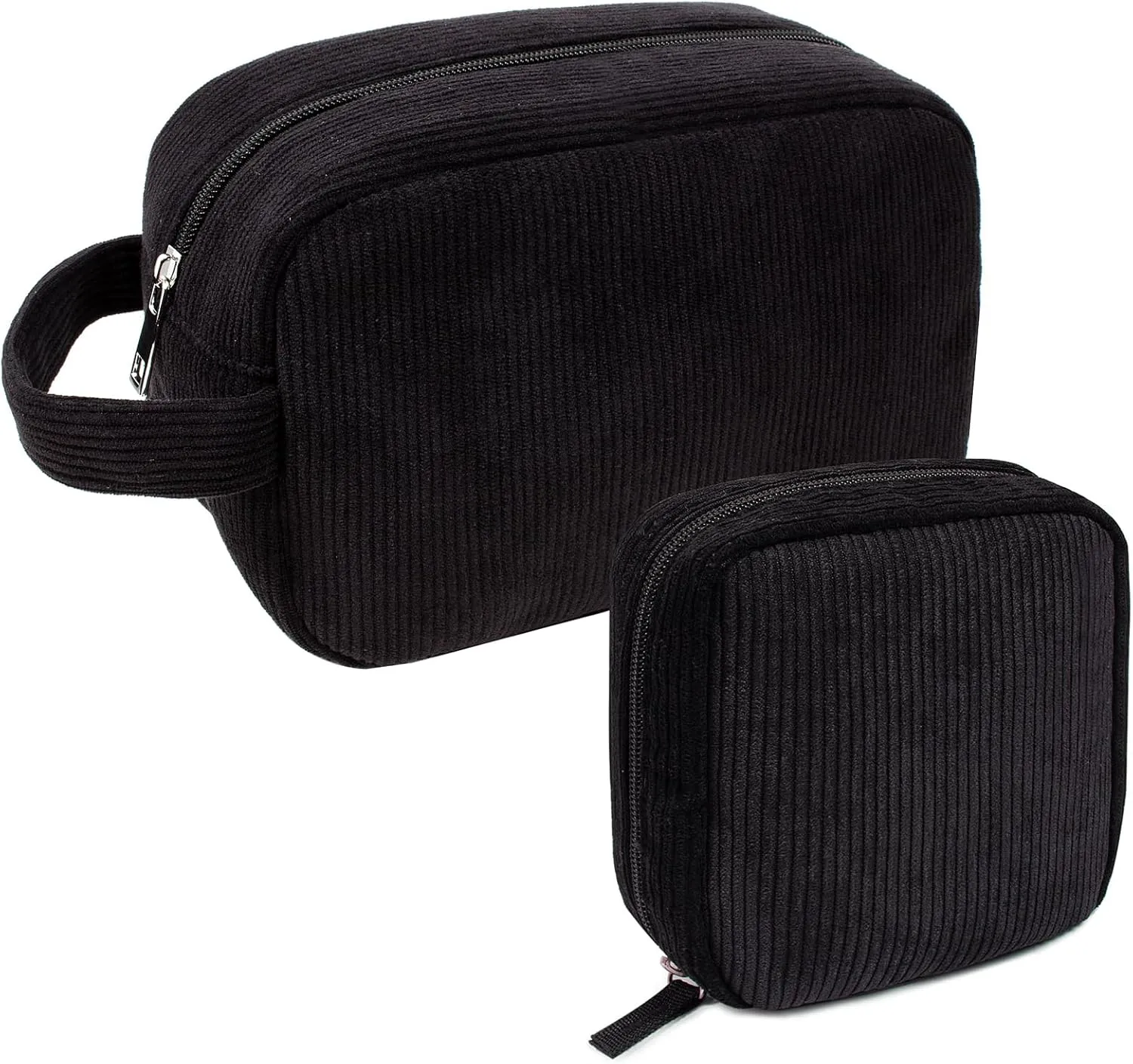 KOTORA 2 Pcs Corduroy Makeup Bag for Purse, Makeup Bag Zipper Pouch Travel Accessories,Small Aesthetic MakeUp Organizer Bag, Coin Purse Travel Toiletry Small Makeup Pouch For Women (F-Black)