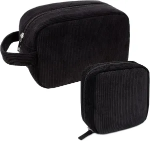 KOTORA 2 Pcs Corduroy Makeup Bag for Purse, Makeup Bag Zipper Pouch Travel Accessories,Small Aesthetic MakeUp Organizer Bag, Coin Purse Travel Toiletry Small Makeup Pouch For Women (F-Black)