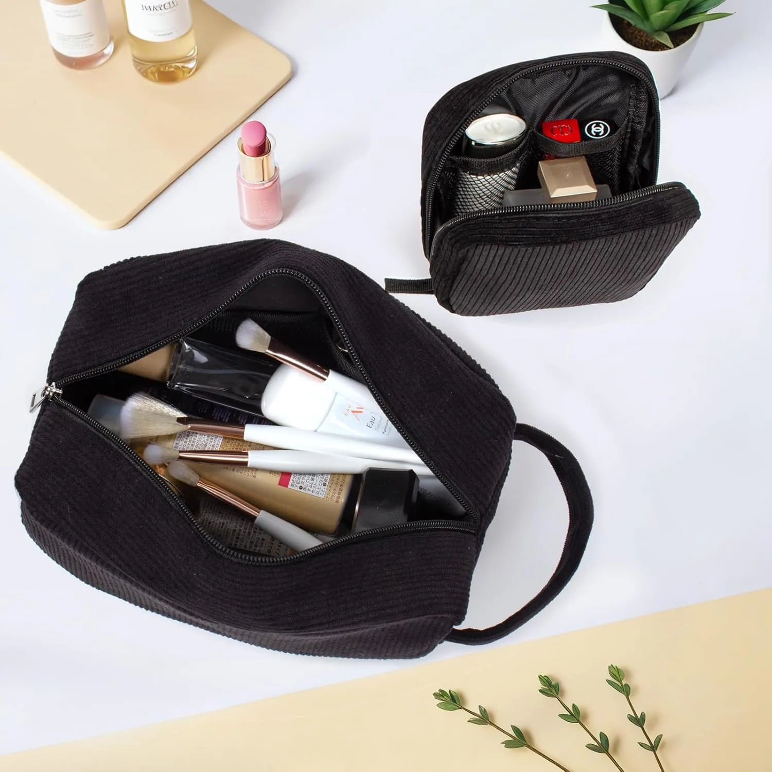 KOTORA 2 Pcs Corduroy Makeup Bag for Purse, Makeup Bag Zipper Pouch Travel Accessories,Small Aesthetic MakeUp Organizer Bag, Coin Purse Travel Toiletry Small Makeup Pouch For Women (F-Black)