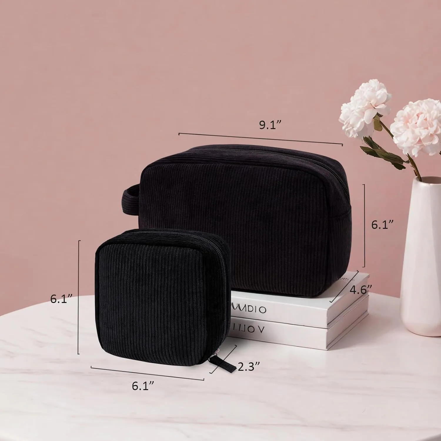KOTORA 2 Pcs Corduroy Makeup Bag for Purse, Makeup Bag Zipper Pouch Travel Accessories,Small Aesthetic MakeUp Organizer Bag, Coin Purse Travel Toiletry Small Makeup Pouch For Women (F-Black)