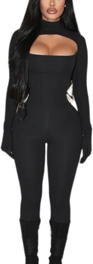 Ksotutm Long Sleeve One Piece Jumpsuit for Women - Sexy Black Bodycon