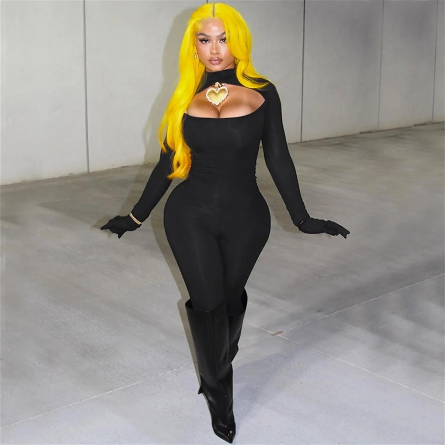 Ksotutm Long Sleeve One Piece Jumpsuit for Women - Sexy Black Bodycon