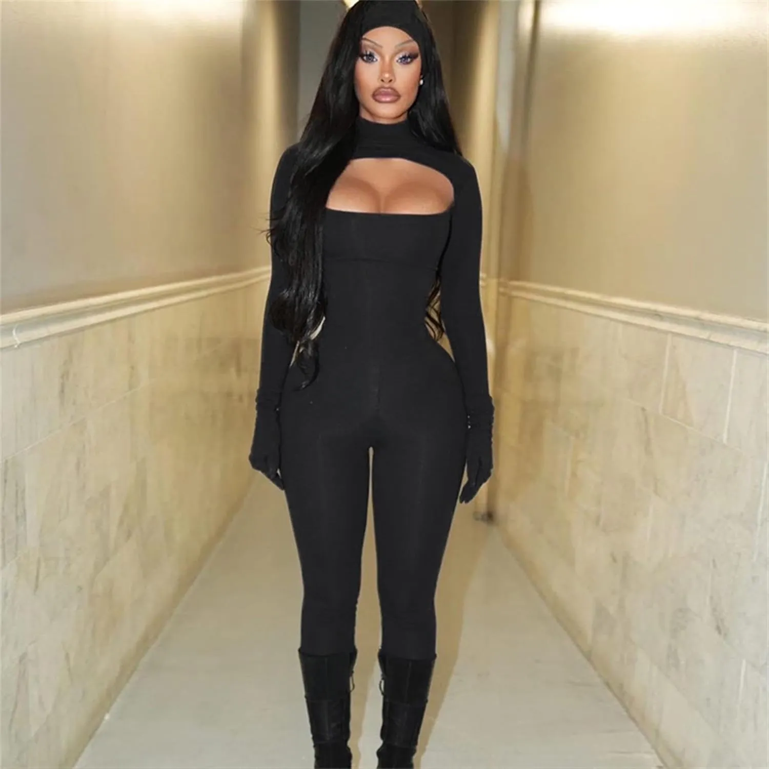Ksotutm Long Sleeve One Piece Jumpsuit for Women - Sexy Black Bodycon
