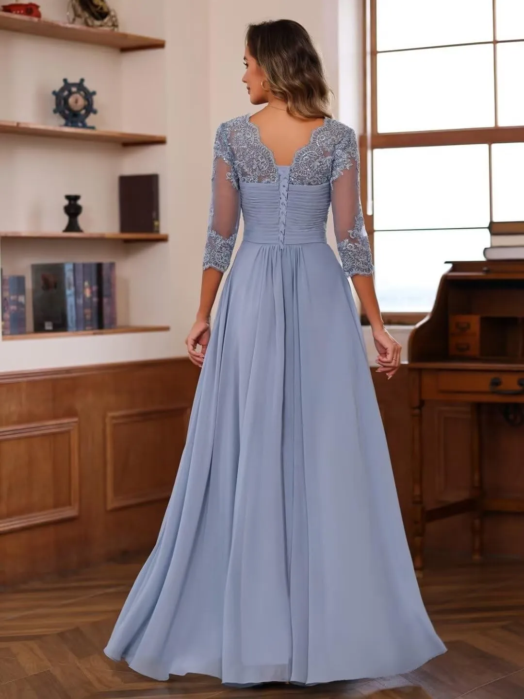 Lace Applique Mother of The Bride Dress Chiffon Sweetheart Bridesmaid Dress for Wedding Long Sleeve Formal Gown