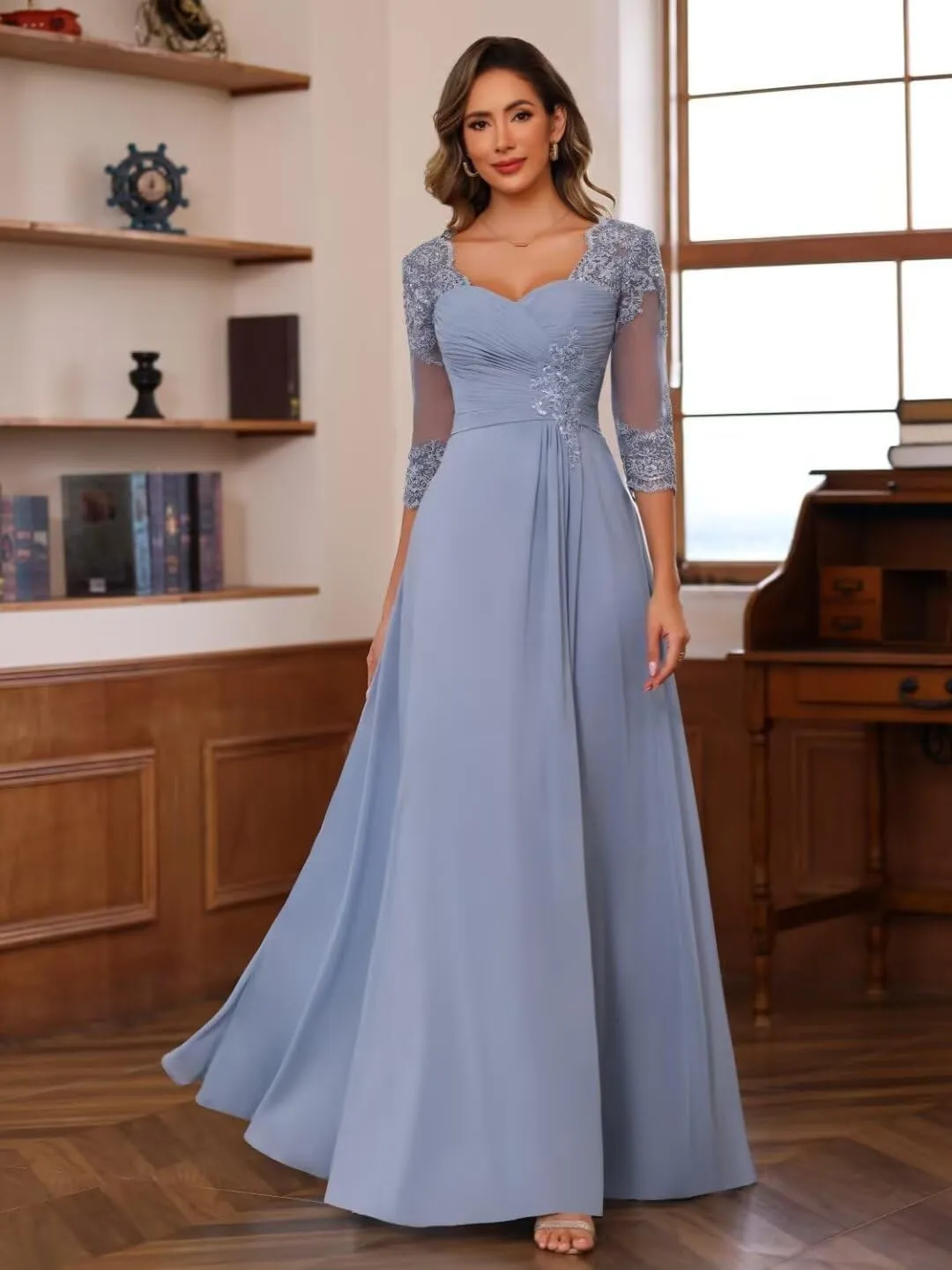 Lace Applique Mother of The Bride Dress Chiffon Sweetheart Bridesmaid Dress for Wedding Long Sleeve Formal Gown
