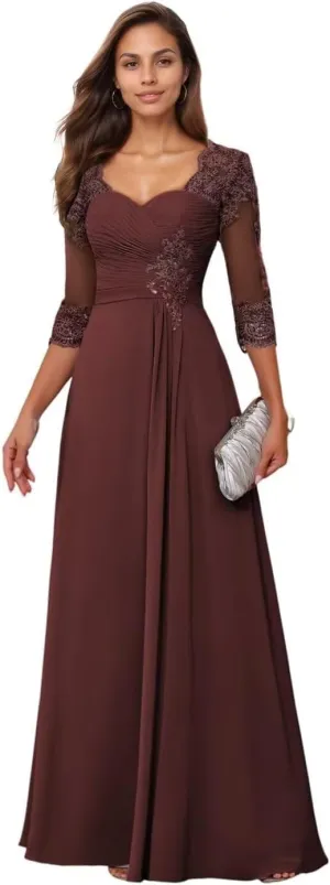 Lace Applique Mother of The Bride Dress Chiffon Sweetheart Bridesmaid Dress for Wedding Long Sleeve Formal Gown