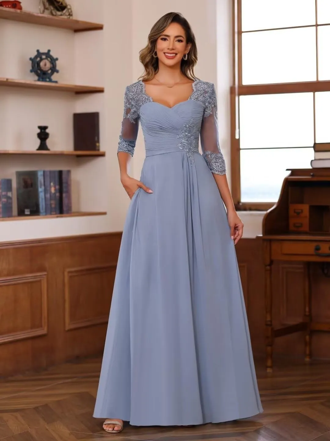 Lace Applique Mother of The Bride Dress Chiffon Sweetheart Bridesmaid Dress for Wedding Long Sleeve Formal Gown
