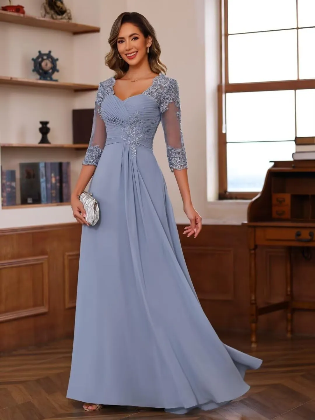 Lace Applique Mother of The Bride Dress Chiffon Sweetheart Bridesmaid Dress for Wedding Long Sleeve Formal Gown