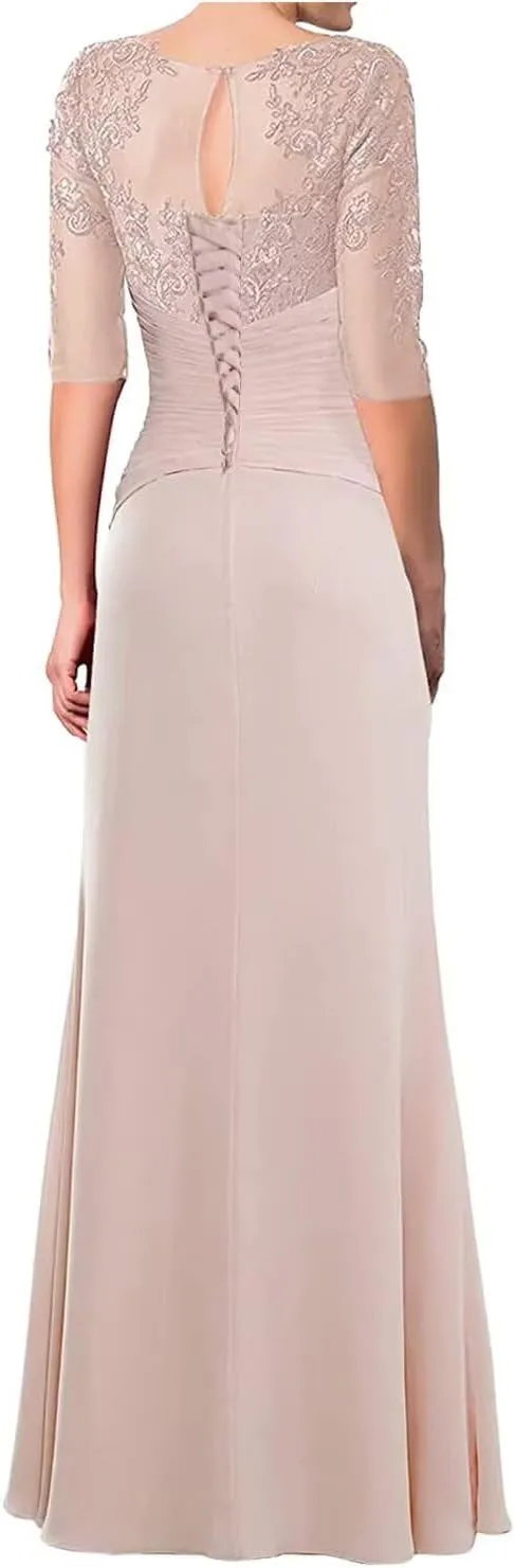 Lace Applique Mother of The Bride Dresses with Sleeves Ruched Long Formal Evening Dress for Wedding Guest
