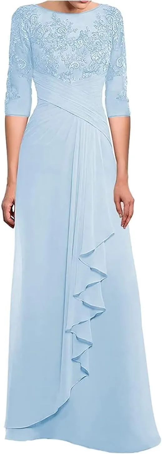Lace Applique Mother of The Bride Dresses with Sleeves Ruched Long Formal Evening Dress for Wedding Guest