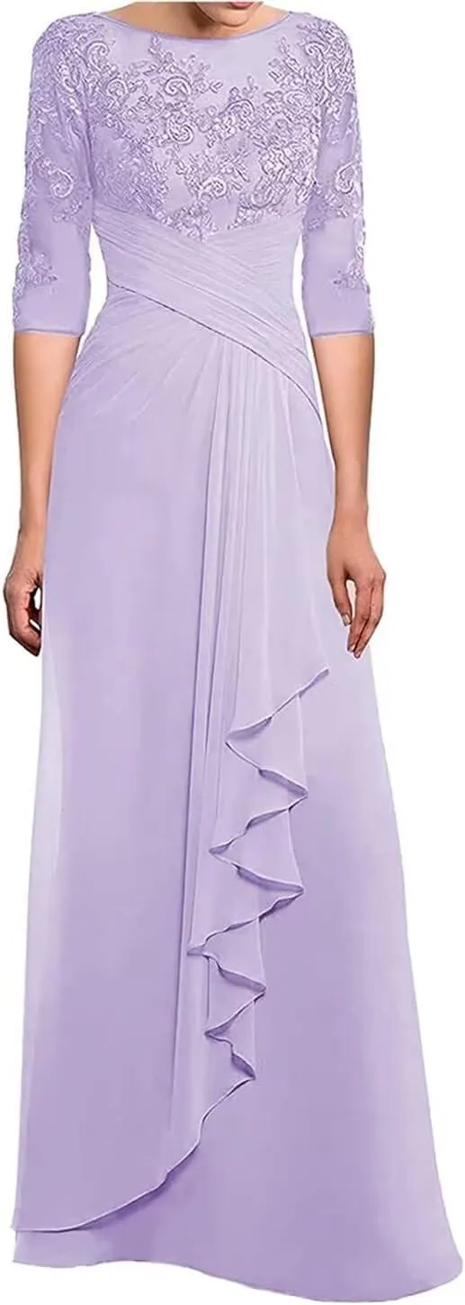 Lace Applique Mother of The Bride Dresses with Sleeves Ruched Long Formal Evening Dress for Wedding Guest