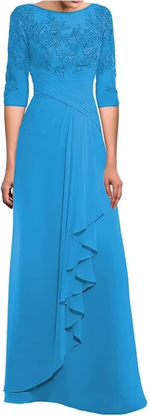 Lace Applique Mother of The Bride Dresses with Sleeves Ruched Long Formal Evening Dress for Wedding Guest