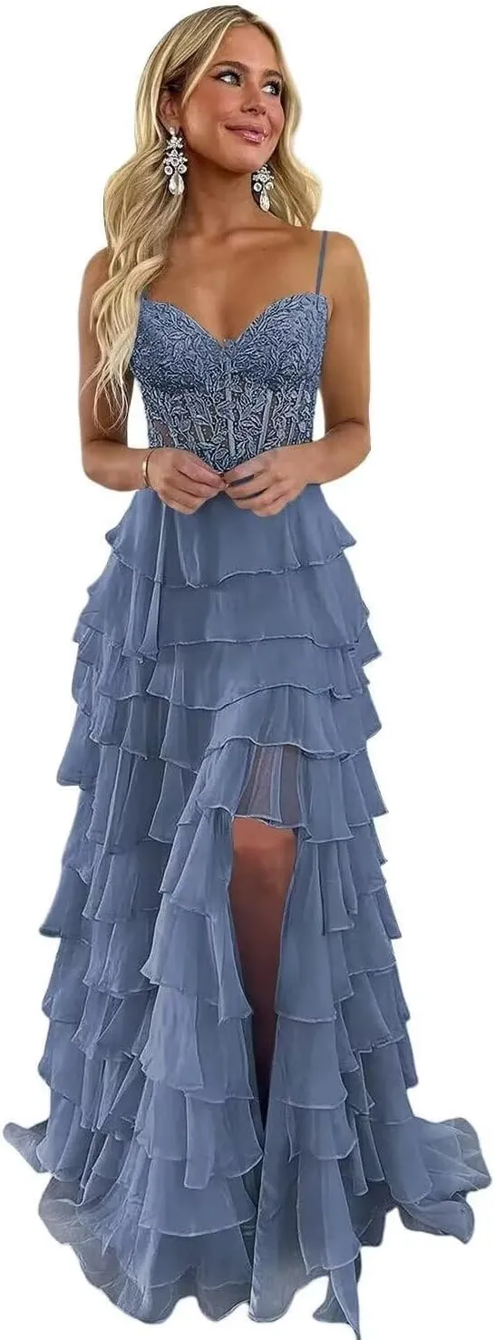 Lace Applique Prom Dresses for Women 2025 with Slit Chiffon Tiered Formal Evening Dresses Sweetheart Ball Gowns