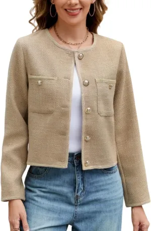Ladyful Cropped Tweed Blazer for Women Collarless Casual Work Business Tweed Jacket Elegant Fall Trendy Ladies Coat