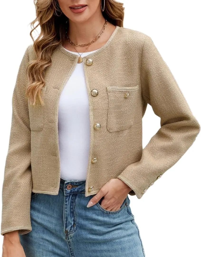 Ladyful Cropped Tweed Blazer for Women Collarless Casual Work Business Tweed Jacket Elegant Fall Trendy Ladies Coat
