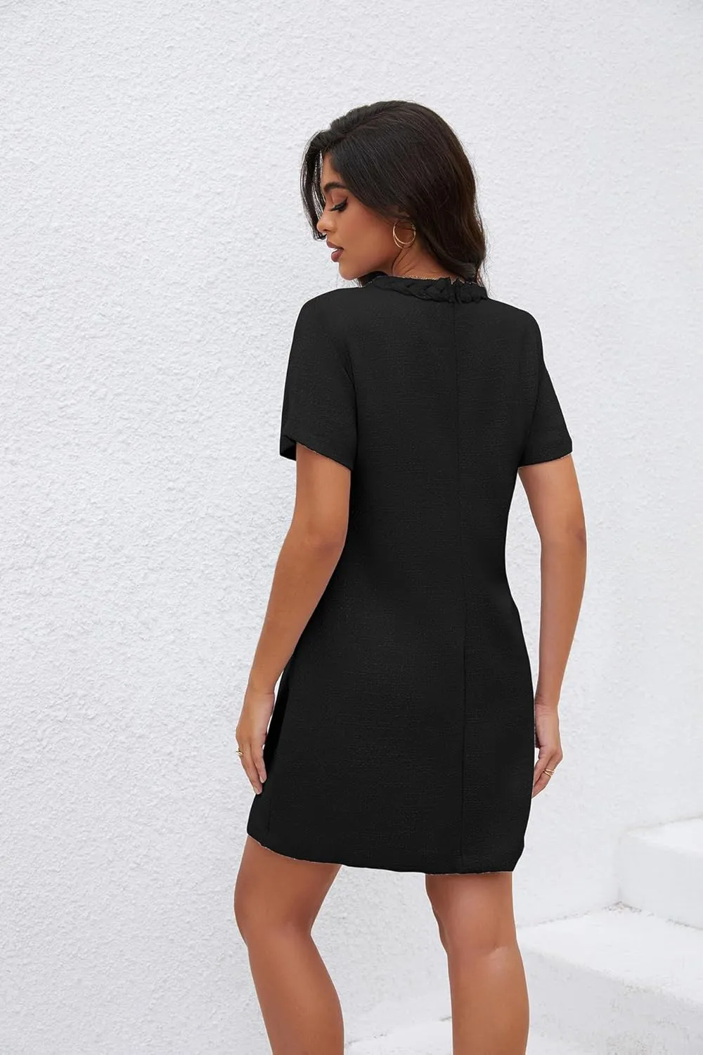 Ladyful Womens Tweed Jackie Dress Short Sleeve Elegant Crew Neck Business Party Vintage Button Bodycon Mini Jackie Dress