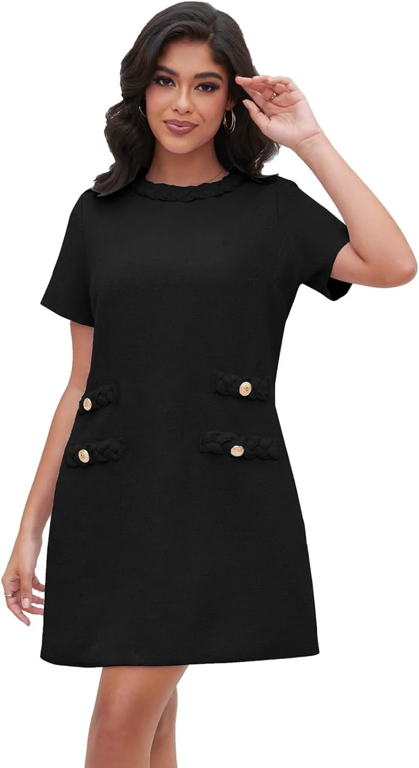 Ladyful Womens Tweed Jackie Dress Short Sleeve Elegant Crew Neck Business Party Vintage Button Bodycon Mini Jackie Dress