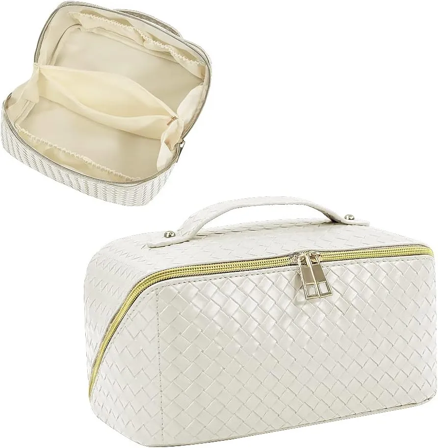 Large Capacity Travel Cosmetic Bag - Makeup Bag, Waterproof Women Portable Cosmetic Bag PU Leather Travel Makeup Bag Flat Lay Makeup Organizer Bag With Handle and Divider (White)
