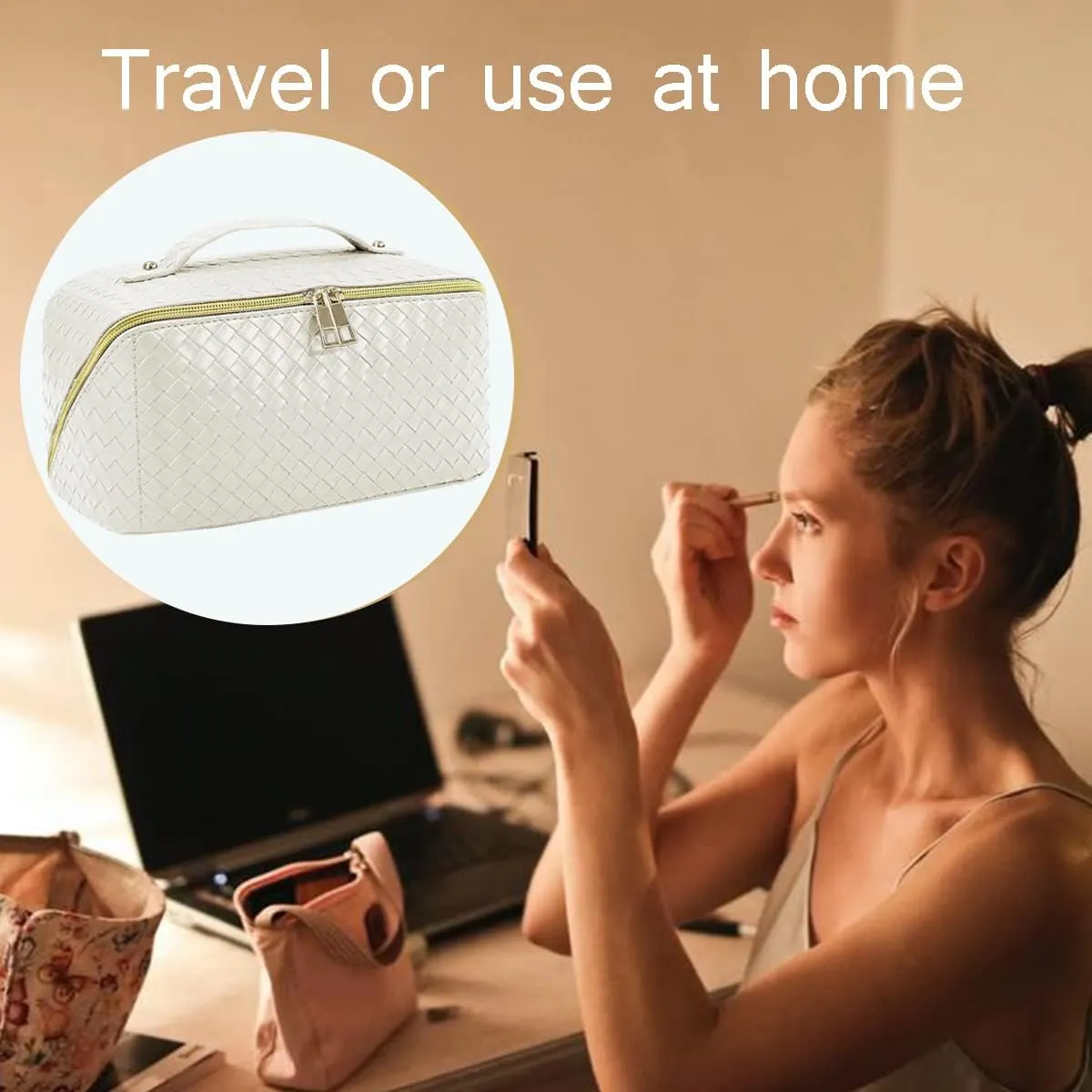 Large Capacity Travel Cosmetic Bag - Makeup Bag, Waterproof Women Portable Cosmetic Bag PU Leather Travel Makeup Bag Flat Lay Makeup Organizer Bag With Handle and Divider (White)