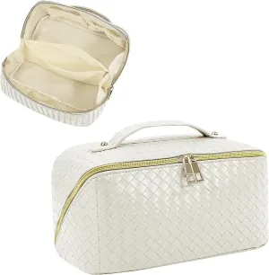Large Capacity Travel Cosmetic Bag - Makeup Bag, Waterproof Women Portable Cosmetic Bag PU Leather Travel Makeup Bag Flat Lay Makeup Organizer Bag With Handle and Divider (White)