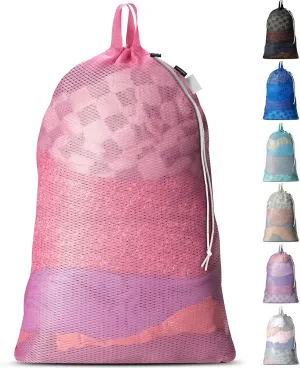 Large Mesh Laundry Bag - Carry Handles, Secure Drawstring Closure, Machine Washable, Spacious Storage, Durable Soft Mesh Net Material, College Dorm, Camp, Laundromat. (Pink)