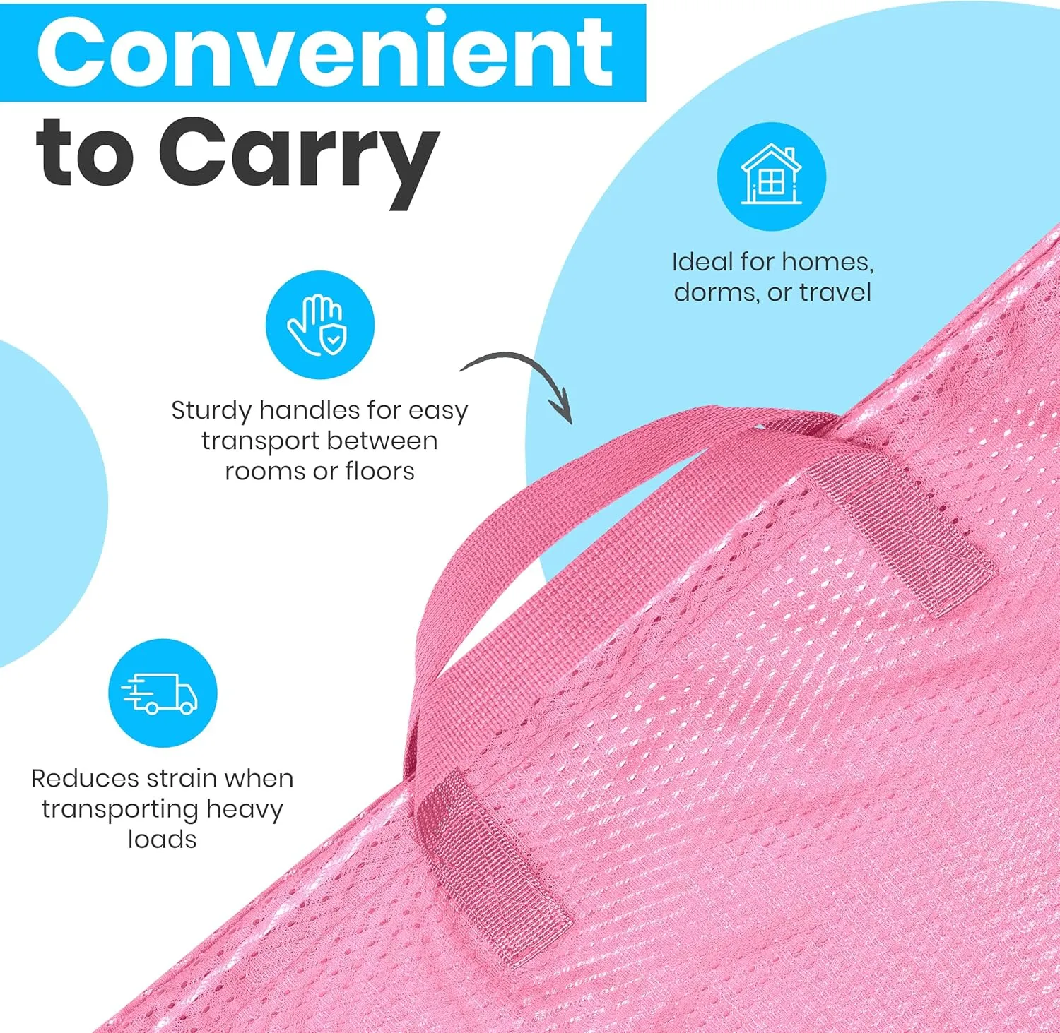 Large Mesh Laundry Bag - Carry Handles, Secure Drawstring Closure, Machine Washable, Spacious Storage, Durable Soft Mesh Net Material, College Dorm, Camp, Laundromat. (Pink)