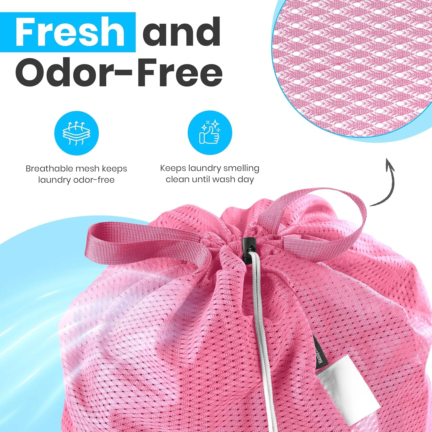 Large Mesh Laundry Bag - Carry Handles, Secure Drawstring Closure, Machine Washable, Spacious Storage, Durable Soft Mesh Net Material, College Dorm, Camp, Laundromat. (Pink)