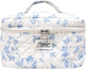Large Quilted Makeup Bag, Floral Cotton Cosmetic Bag Pouch,Big Toiletry Make up Bag for Women Girls, Cute Coquette Travel Bag (blue maple leaves)