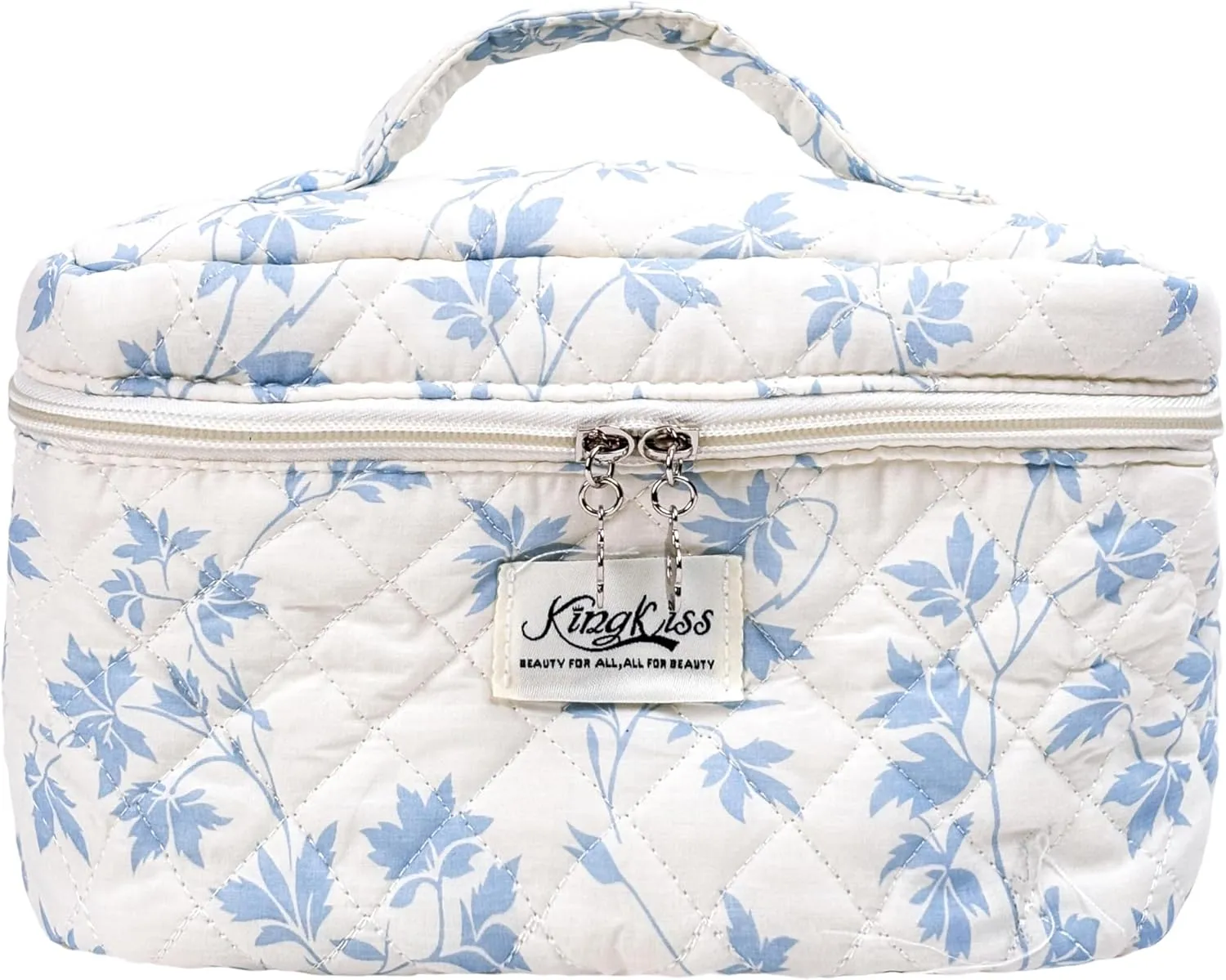 Large Quilted Makeup Bag, Floral Cotton Cosmetic Bag Pouch,Big Toiletry Make up Bag for Women Girls, Cute Coquette Travel Bag (blue maple leaves)