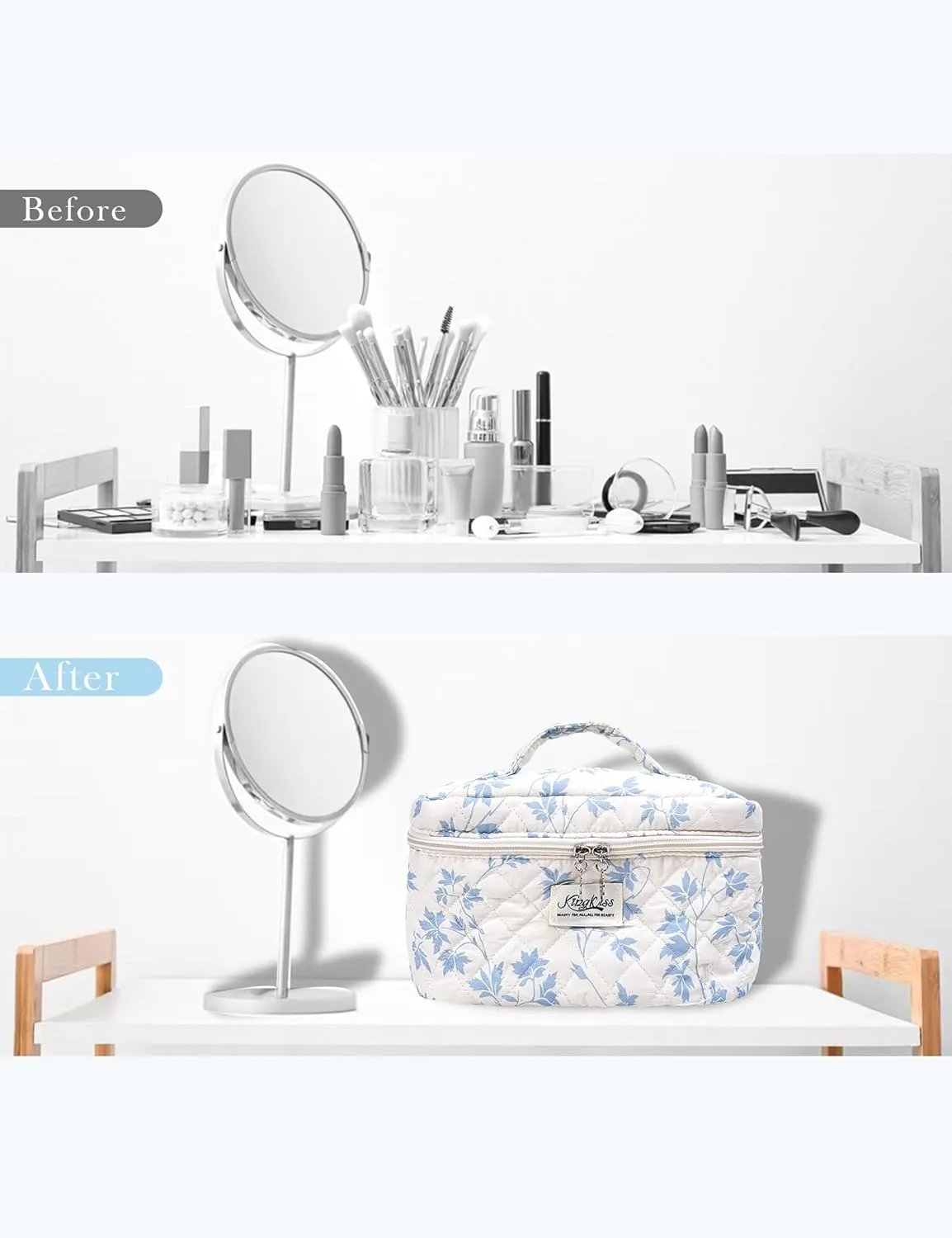 Large Quilted Makeup Bag, Floral Cotton Cosmetic Bag Pouch,Big Toiletry Make up Bag for Women Girls, Cute Coquette Travel Bag (blue maple leaves)
