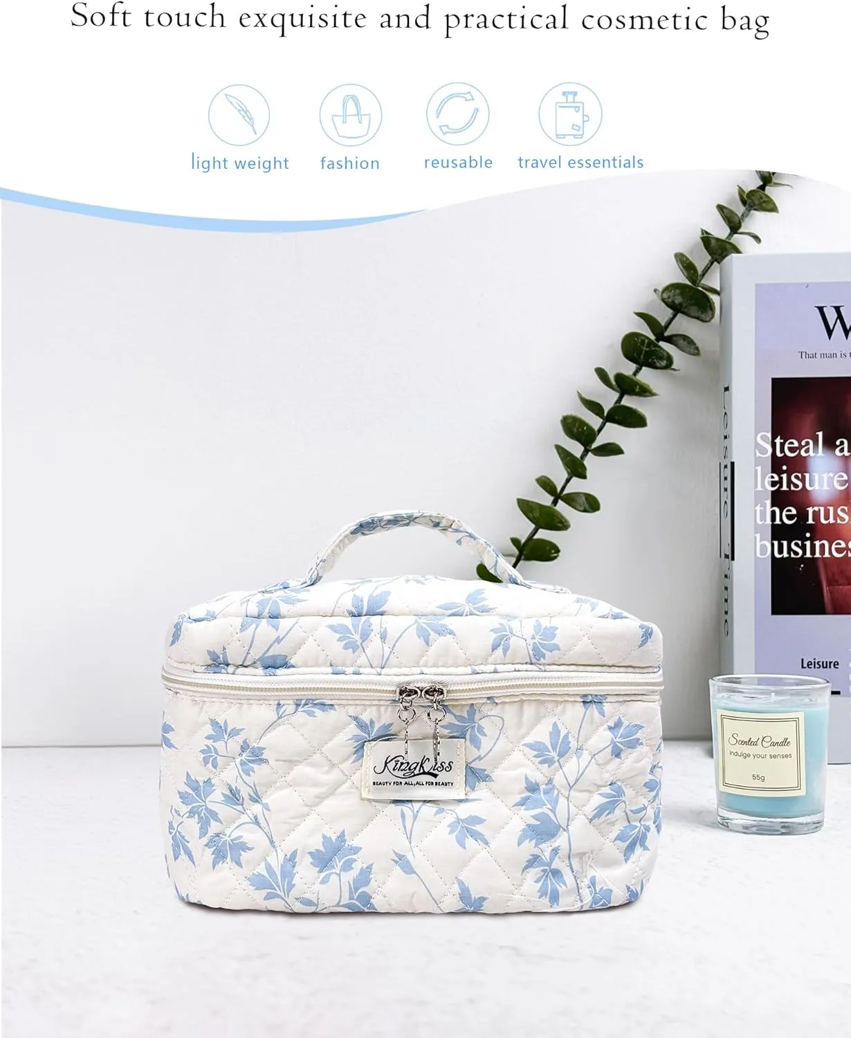 Large Quilted Makeup Bag, Floral Cotton Cosmetic Bag Pouch,Big Toiletry Make up Bag for Women Girls, Cute Coquette Travel Bag (blue maple leaves)