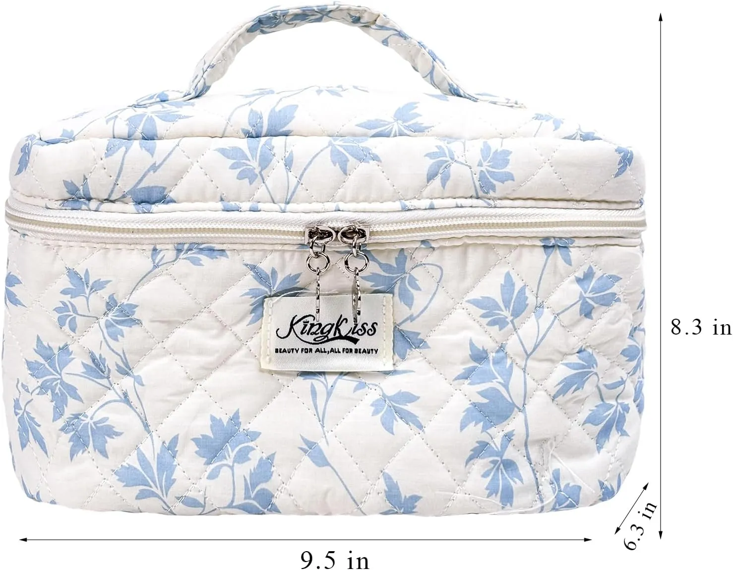 Large Quilted Makeup Bag, Floral Cotton Cosmetic Bag Pouch,Big Toiletry Make up Bag for Women Girls, Cute Coquette Travel Bag (blue maple leaves)