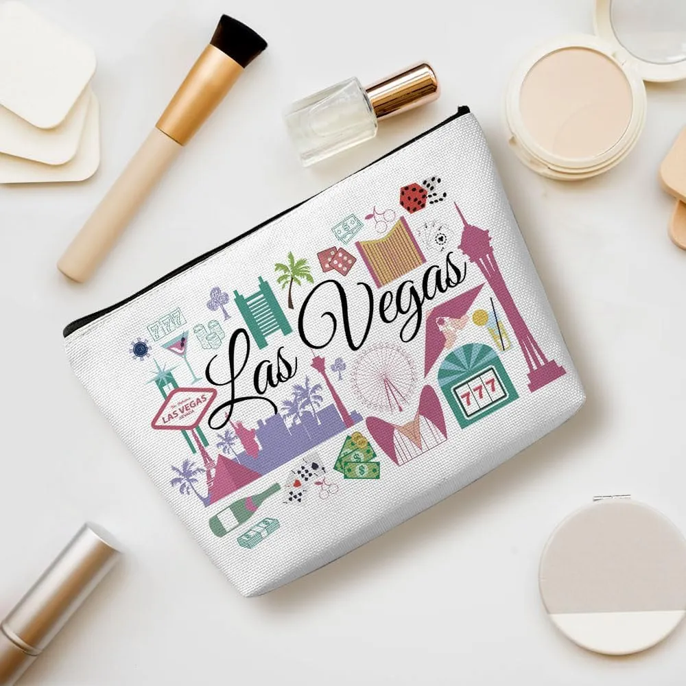 Las Vegas Gifts Makeup Bag, Vegas Travel Cosmetic Bag for Women, Waterproof Cotton Linen, Zipper Closure, Fashion Pattern, 9.7 x 6.8 Inches for Women, Adults