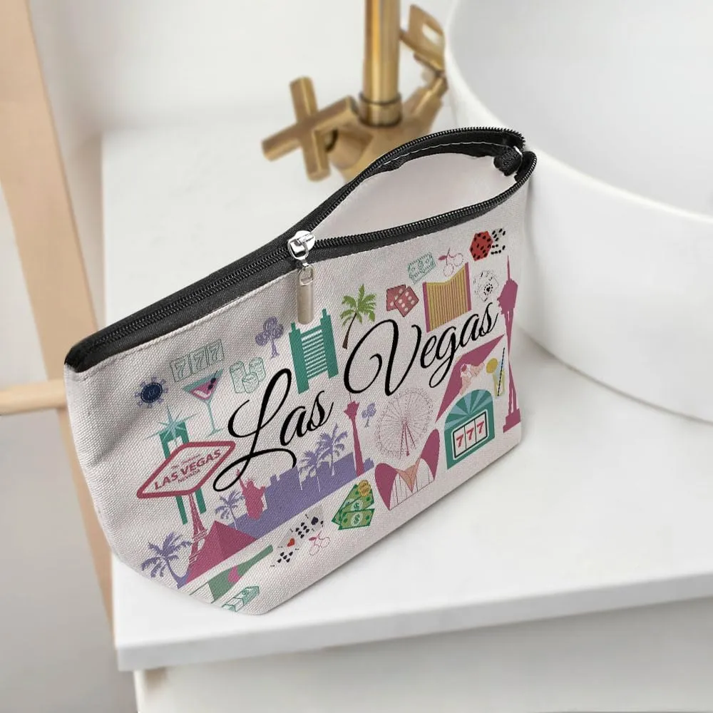 Las Vegas Gifts Makeup Bag, Vegas Travel Cosmetic Bag for Women, Waterproof Cotton Linen, Zipper Closure, Fashion Pattern, 9.7 x 6.8 Inches for Women, Adults