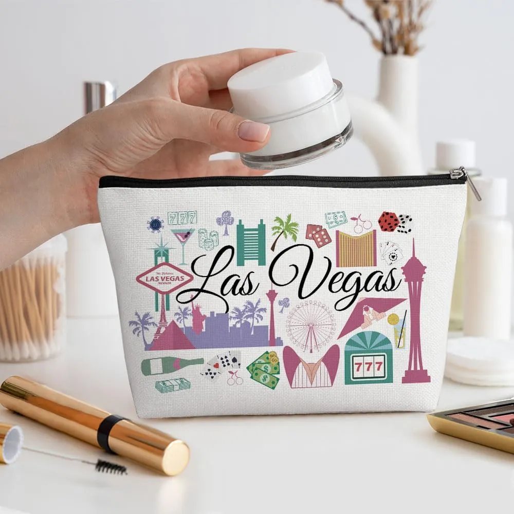 Las Vegas Gifts Makeup Bag, Vegas Travel Cosmetic Bag for Women, Waterproof Cotton Linen, Zipper Closure, Fashion Pattern, 9.7 x 6.8 Inches for Women, Adults