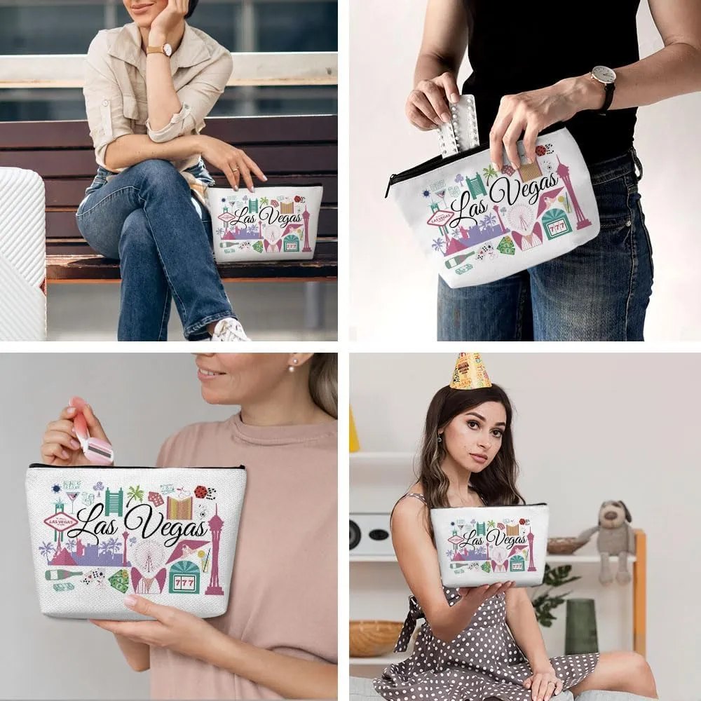 Las Vegas Gifts Makeup Bag, Vegas Travel Cosmetic Bag for Women, Waterproof Cotton Linen, Zipper Closure, Fashion Pattern, 9.7 x 6.8 Inches for Women, Adults