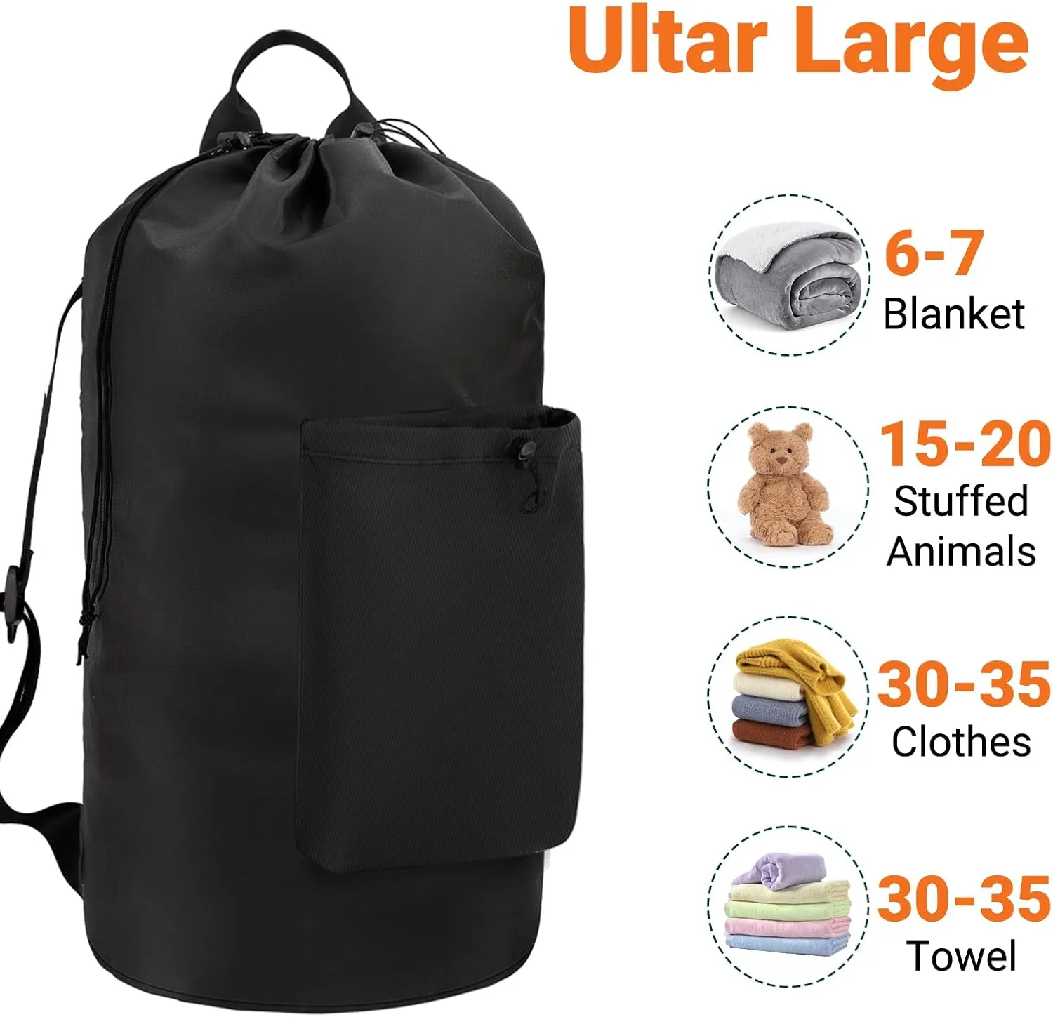Laundry Bag with Shoulder Straps and Detergent Holder, Durable Laundry Bag Backpack for College Dorm/Travel/Camp (BLACK)