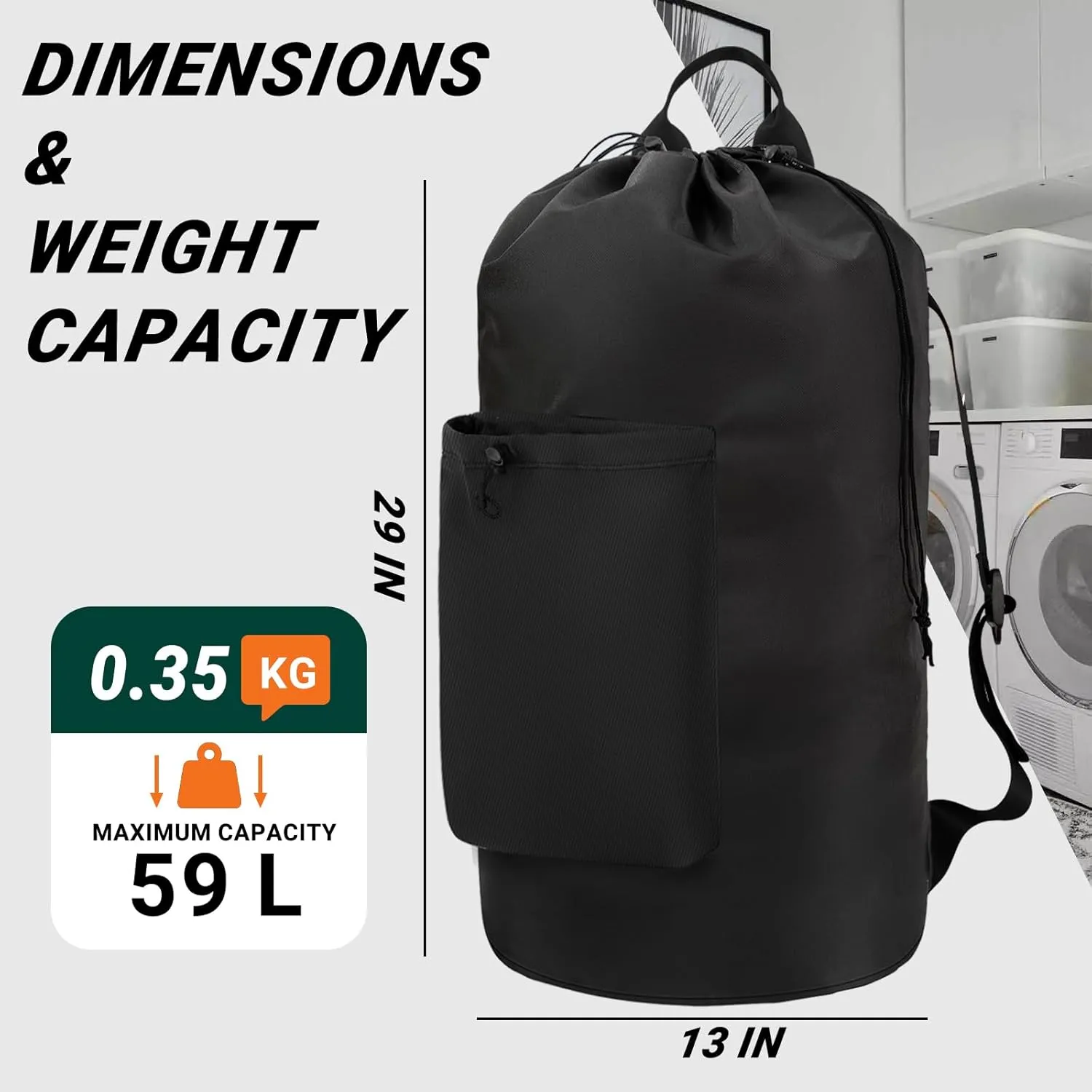 Laundry Bag with Shoulder Straps and Detergent Holder, Durable Laundry Bag Backpack for College Dorm/Travel/Camp (BLACK)