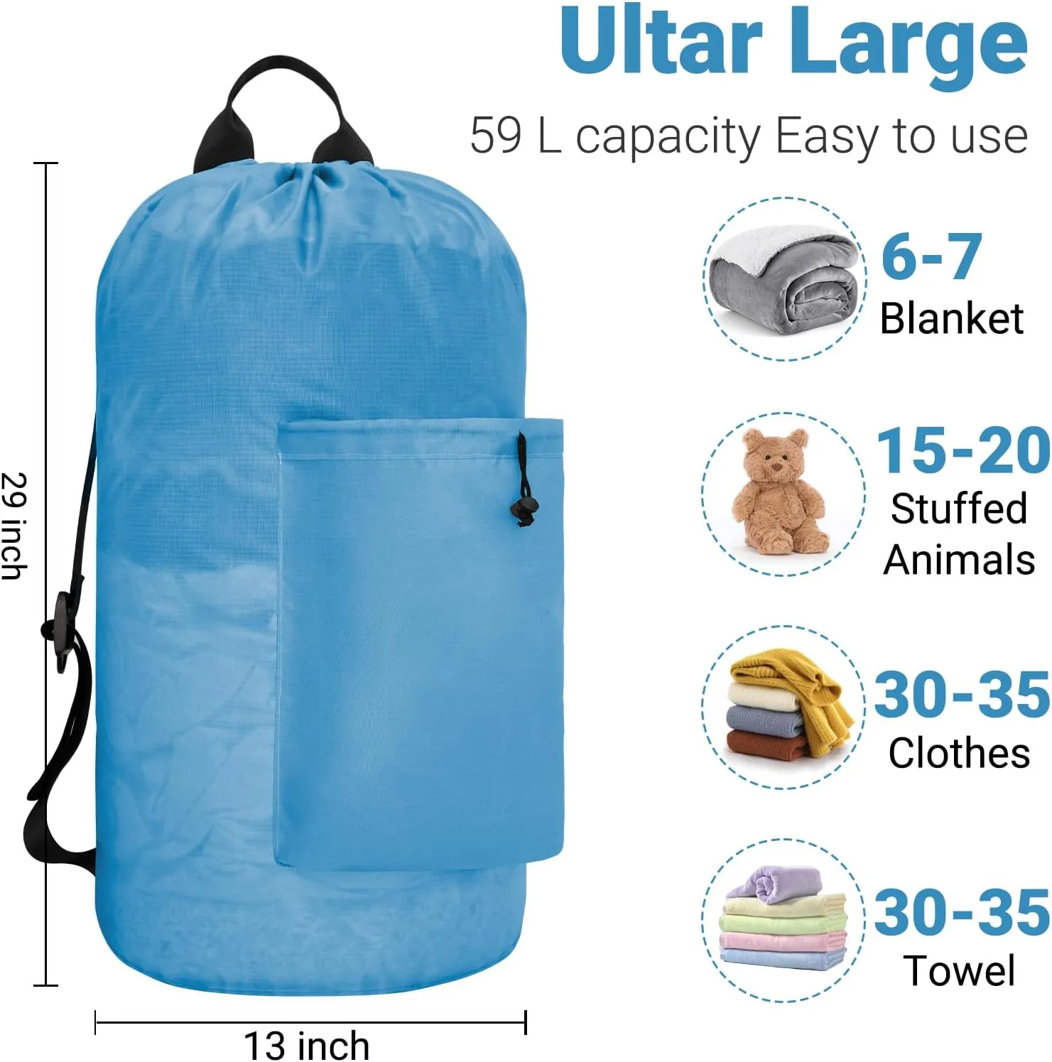 Laundry Bag with Shoulder Straps and Detergent Holder, Durable Laundry Bag Backpack for College Dorm/Travel/Camp
