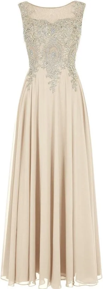 Lemai Crystals Gold Lace Chiffon A Line Sheer Back Formal Long Prom Evening Dresses
